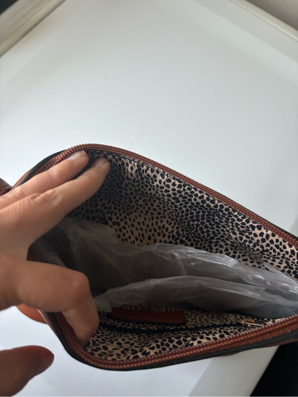 Vegan Leather Leopard Accent Crossbody Bag - Brown - Picture 3 of 3